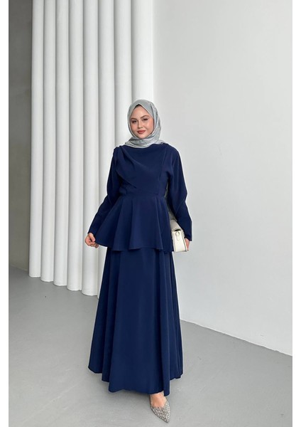 Kadın Lacivert Drapeli Peplum Tesettür Elbise NMS063