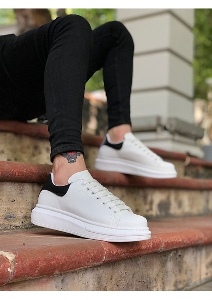 BA0547 Boa Kalın Yüksek Taban Beyaz Siyah Bağcıklı Spor Erkek Ayakkabı (Byr)