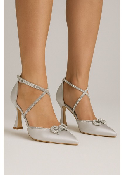 Saten Ucu Sivri Taşlı Topuklu Ayakkabı Kadın Topuklu Abiye Ayakkabı