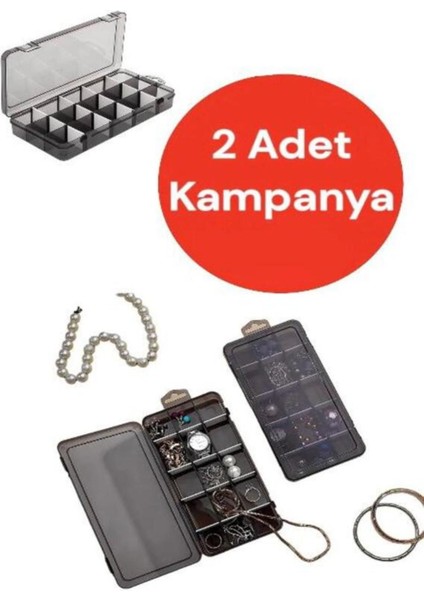 Gri 2'li 15 Bölmeli Kapaklı Takı ve Dikiş Kutusu, Düzenleyici Organizer