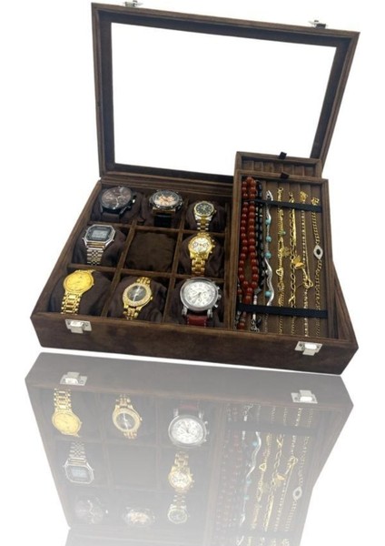 Kahverengi Süet Takı Kutusu, 9'lu Saat, Bileklik ve Tesbih Saklama Kapsülü