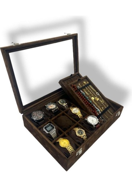 Kahverengi Süet Takı Kutusu, 9'lu Saat, Bileklik ve Tesbih Saklama Kapsülü fiyatları