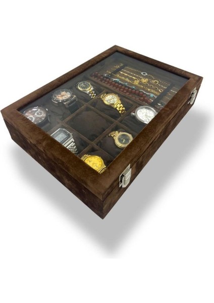 Kahverengi Süet Takı Kutusu, 9'lu Saat, Bileklik ve Tesbih Saklama Kapsülü fırsatları