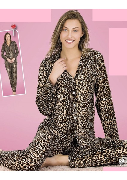 Pijama Uzun Kol Milan Kumaş Soft Leopar Desen Düğmeli 2 Li Takım