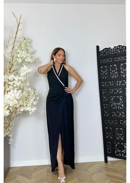 G1473 Taş ve Drape Detaylı Halter Yaka Abiye Elbise Siyah
