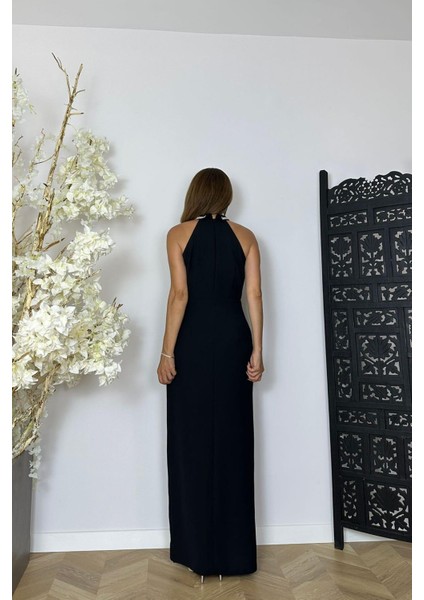 G1473 Taş ve Drape Detaylı Halter Yaka Abiye Elbise Siyah fiyatları