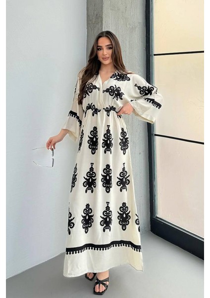 Yırtmaç Detaylı Yarasa Kol Kruvaze Yaka Uzun Yazlık Elbise fiyatları