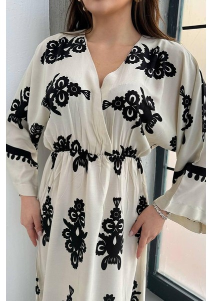 Yırtmaç Detaylı Yarasa Kol Kruvaze Yaka Uzun Yazlık Elbise modelleri