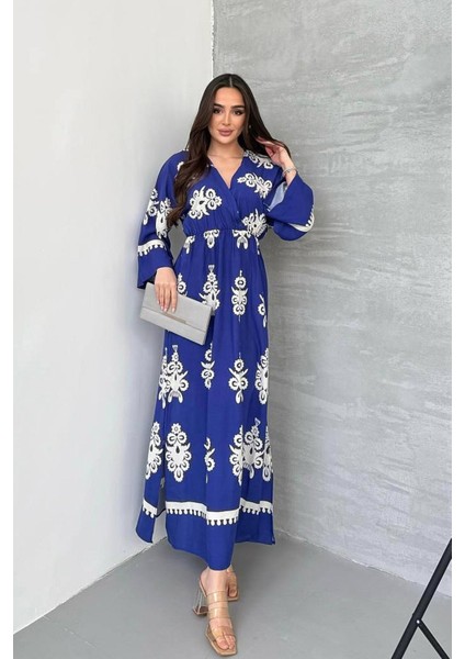 Yırtmaç Detaylı Yarasa Kol Kruvaze Yaka Uzun Yazlık Elbise indirimleri