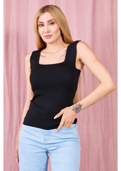 Kare Yaka Kalın Askılı Triko Atlet