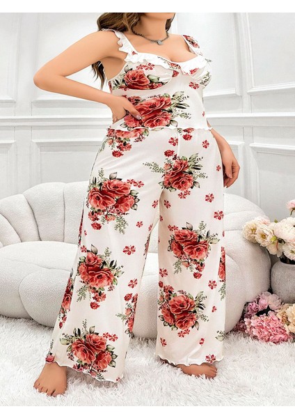 Büyük Beden Gül Desenli Ince Askılı Beyaz Salaş 2'li Takım