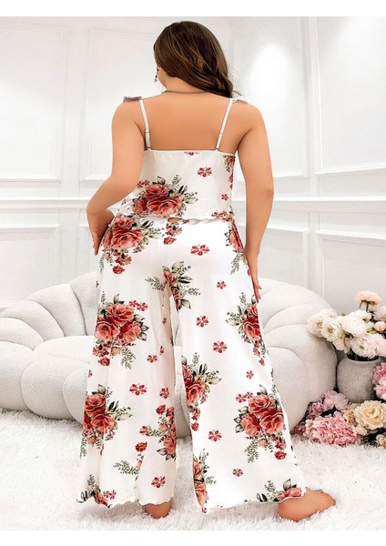 Büyük Beden Gül Desenli Ince Askılı Beyaz Salaş 2'li Takım fiyatları