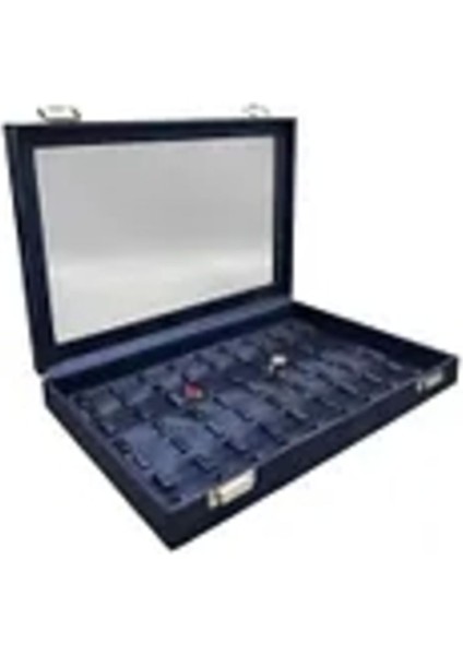 Lacivert Deri Kumaş Tırnaklı Yüzük Tablası, 34x24 cm, Cam Kapaklı