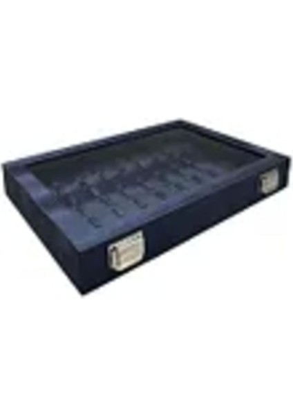 Lacivert Deri Kumaş Tırnaklı Yüzük Tablası, 34x24 cm, Cam Kapaklı fiyatları