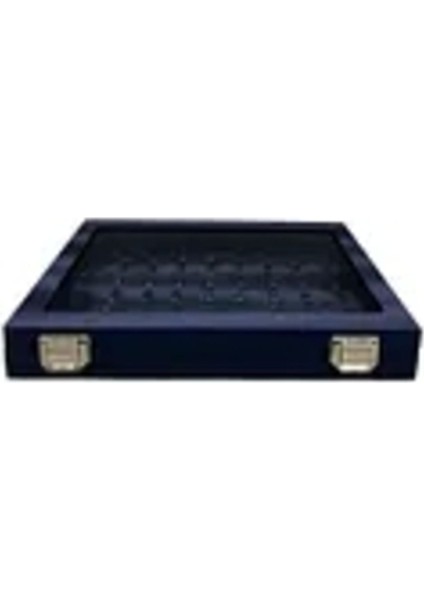 Lacivert Deri Kumaş Tırnaklı Yüzük Tablası, 34x24 cm, Cam Kapaklı modelleri