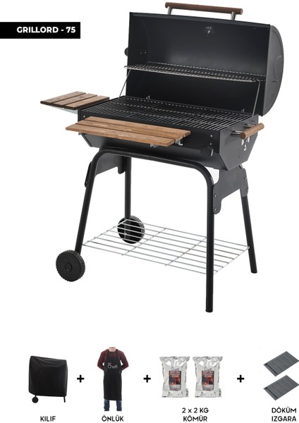 Grillord‑75 Kömürlü Barbekü (2 Adet Döküm Izgaralı) + Hediye Seti (Önlük + Kılıf + 2×2 kg Kömür)