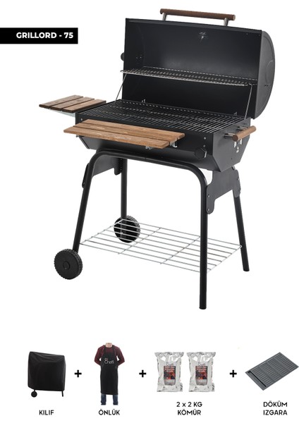 Grillord‑75 Kömürlü Barbekü (1 Adet Döküm Izgaralı) + Hediye Seti (Önlük + Kılıf + 2×2 kg Kömür)
