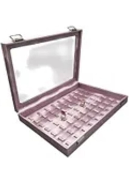 Pembe Deri Kumaş Cam Kapaklı 34 cm / 24 cm Tırnaklı Yüzük Tablası