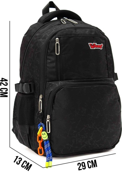 Young 51583 Black Siyah Unisex Çok Cepli Anahtarlık Aksesuarlı Suya Dayanıklı Kapaklı Sırt Çantası