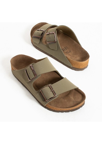 Kadın Haki Çift Tokalı Anatomik Yazlık Terlik modelleri