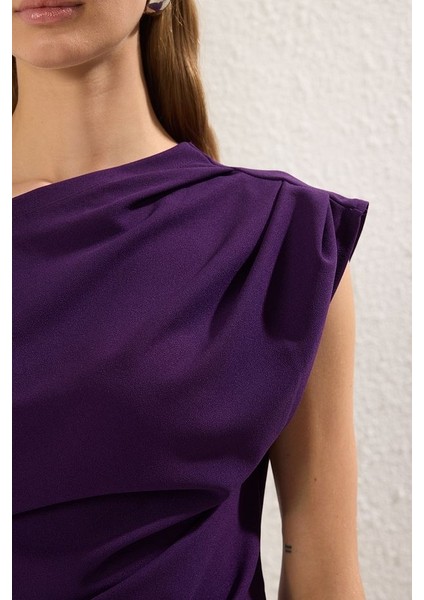 Kadın Mor Büzgü Detay Asimetrik Yaka Bluz modelleri