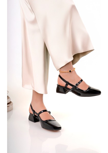 BA04584 Siyah Rugan Kadın Kemer Lastikli Kare Burun 3 cm Topuklu Ayakkabı - 36 fırsatları