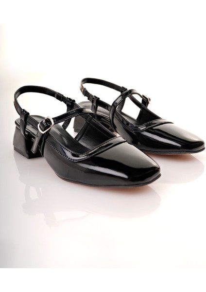 BA04584 Siyah Rugan Kadın Kemer Lastikli Kare Burun 3 cm Topuklu Ayakkabı - 39 indirimleri