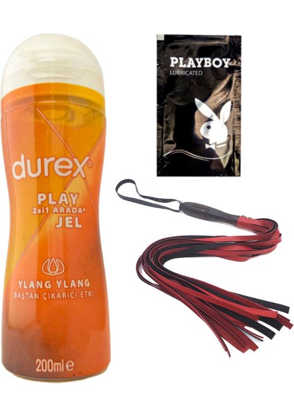 Play 2si1 Arada Ylang Ylang Baştan Çıkartmaya & Kayganlaştırmaya Jel 200 ml + Kırmızı Püsküllü Deri Kırbaç + Hediye