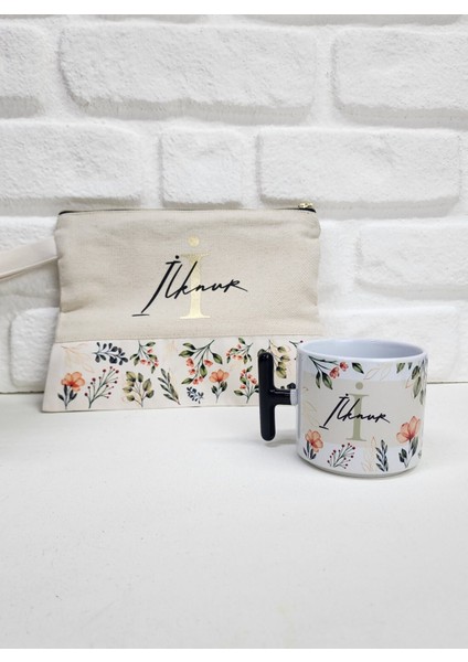 Isme Özel Kişiye Özel Yaprak ve Çiçek Desenli T Kupa Bardak Latte Fincanı Clutch Çanta Hediye Seti fiyatları