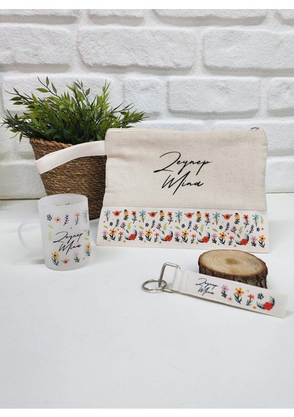 Isme Özel Kişiye Özel Renkli Çiçek Desenli Clutch Çanta Buzlu Cam Çay Fincanı Anahtarlık Hediye Seti