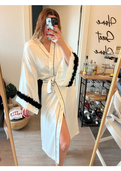 Luxury Kutulu Saten Uzun Kimono Kol Çiçek Detay Bride Lohusa Sabahlık Toka Hediyeli modelleri