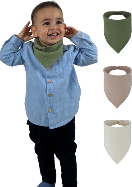 3'lü Müslin Çift Çıtçıtlı %100 Pamuk Bebek Mama / Salya Önlüğü Yeşil, Camel, Beyaz Renk