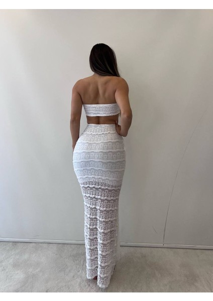 Deniz Kabuğu Detaylı Dantel Bandeau Crop & Yırtmaçlı Uzun Etek Takım