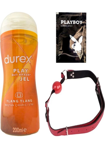 Play 2si1 Arada Ylang Ylang Baştan Çıkartmaya & Kayganlaştırmaya Jel 200 ml + Kırmızı Deri Ağız Topu + Hediye