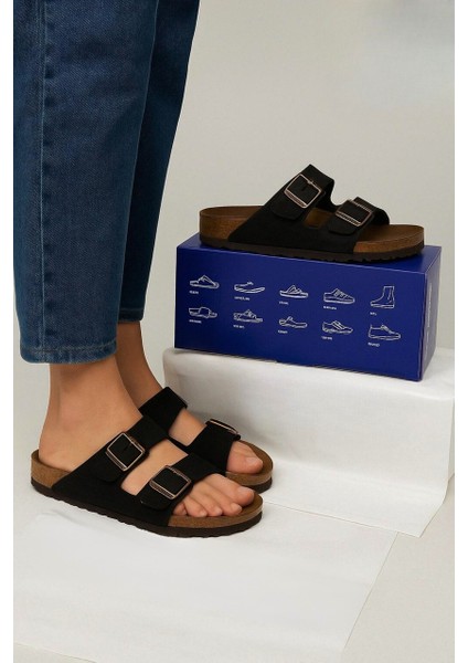 Kadın - Erkek Siyah Çift Tokalı Anatomik Yazlık Terlik