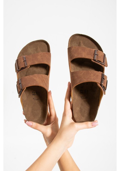 Kadın - Erkek Taba Çift Tokalı Anatomik Yazlık Terlik