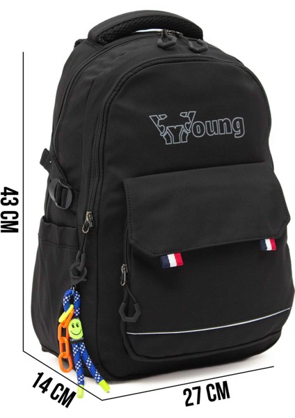 Young 51585 Black Siyah Unisex Çok Cepli Anahtarlık Aksesuarlı Suya Dayanıklı Sırt Çantası