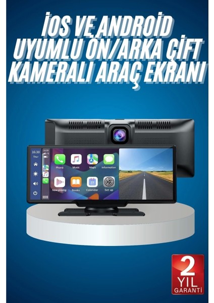 4K Hd Ultra Araç Içi Ön ve Arka Kameralı Ekran 2 Kameralı Torpido Üstü Araç Multimedya Ios Android