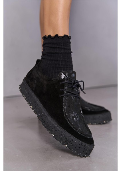 Paris Kadın Siyah Yılan Baskı Gerçek Süet Deri Sneaker