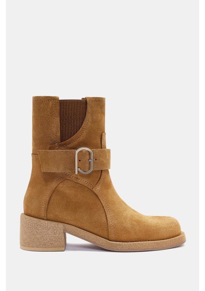 Rafles Kadın Camel Gerçek Süet Deri Toka Detaylı Kalın Topuklu Bot