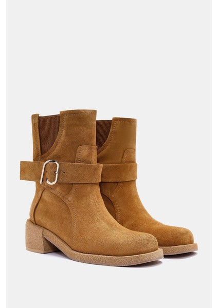 Rafles Kadın Camel Gerçek Süet Deri Toka Detaylı Kalın Topuklu Bot fırsatları