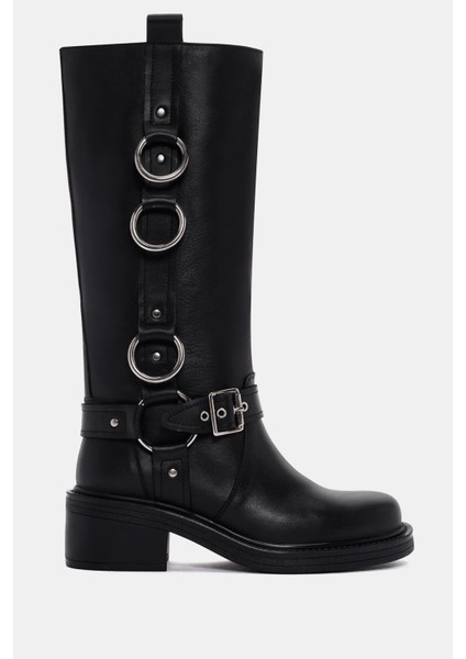 Lasso Kadın Siyah Halka Toka Detaylı Gerçek Deri Biker Çizme