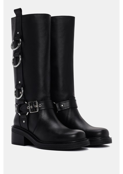 Lasso Kadın Siyah Halka Toka Detaylı Gerçek Deri Biker Çizme fiyatları