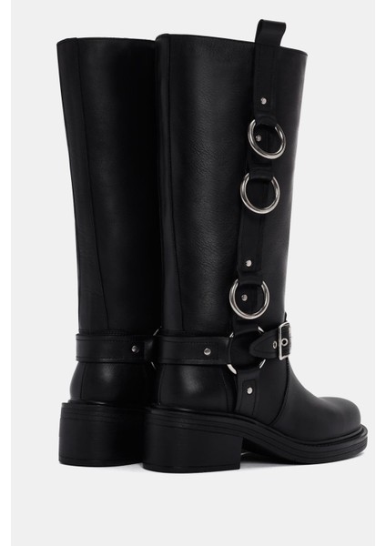 Lasso Kadın Siyah Halka Toka Detaylı Gerçek Deri Biker Çizme modelleri