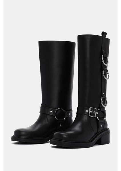 Lasso Kadın Siyah Halka Toka Detaylı Gerçek Deri Biker Çizme fırsatları