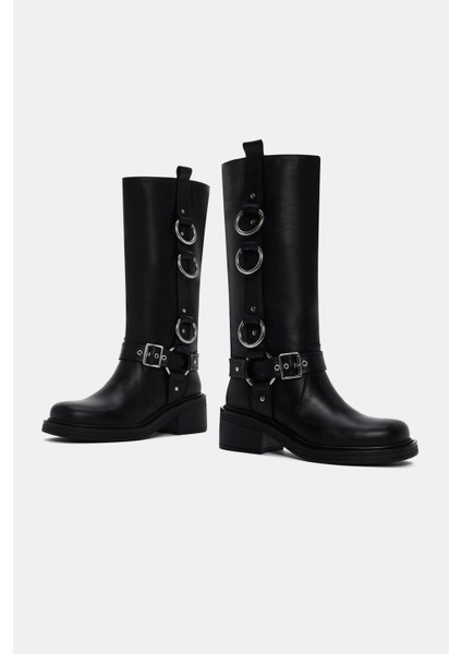Lasso Kadın Siyah Halka Toka Detaylı Gerçek Deri Biker Çizme indirimleri