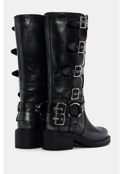 Hero Kadın Yeşil Metalik Gerçek Deri Biker Çizme fırsatları