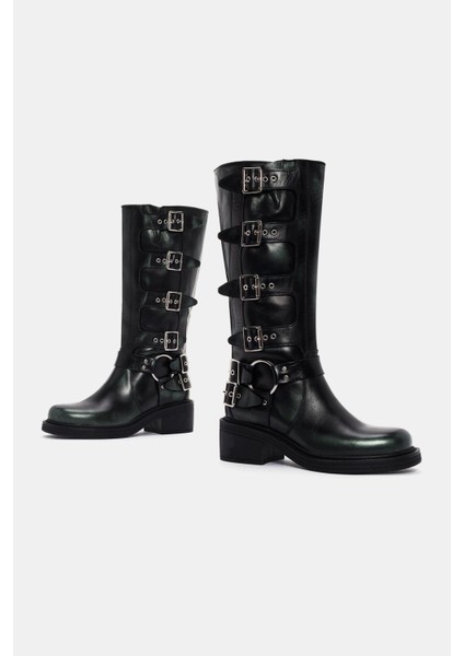 Hero Kadın Yeşil Metalik Gerçek Deri Biker Çizme indirimleri