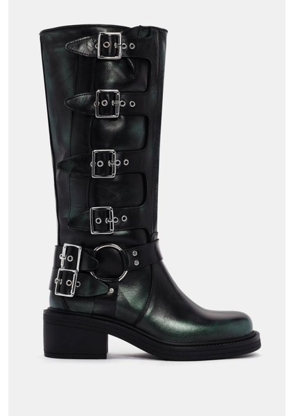 Hero Kadın Yeşil Metalik Gerçek Deri Biker Çizme