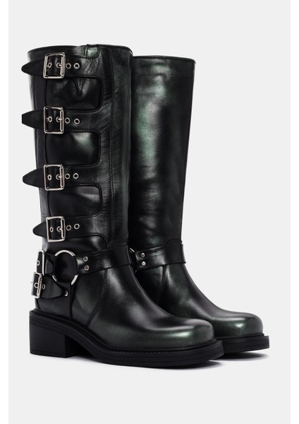 Hero Kadın Yeşil Metalik Gerçek Deri Biker Çizme fiyatları